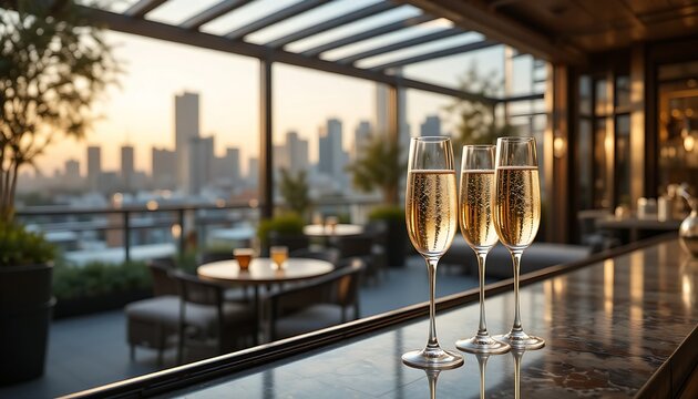  Elegant champagne flutes filled with a light-colored sparkling wine on a bar counter, with a blurred backdrop of a sophisticated rooftop garden with city views. Ratio 16:9, urban, modern, natural.
