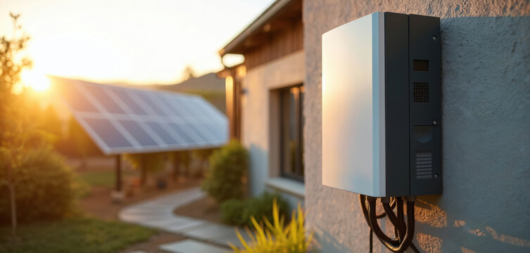 Modern solar inverter device mounted on house wall. Solar panels on roof convert sun energy. Sustainable home technology for clean electricity generation.