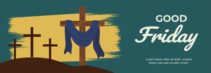 Good Friday Religious Banner with Crucifixion Crosses and Blue Shroud on Calvary Hill