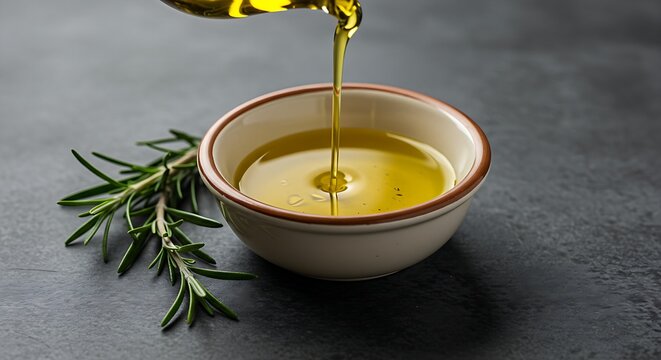 extra virgin olive oil being drizzled into a small, elegant ceramic bowl, with a few fresh rosemary sprigs on the side.
