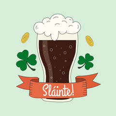 St Patricks Day Dark Beer Toast with Shamrocks and Slainte Ribbon