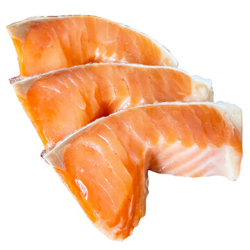 鮭の切り身（サーモン）3枚セットの切り抜き素材 (Three raw salmon fillets isolated on white background)
