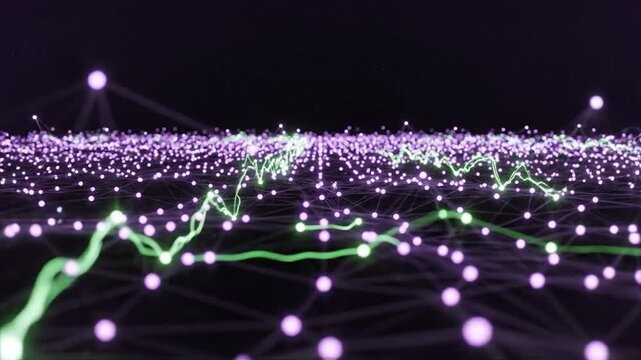 Abstract digital network with glowing purple nodes and dynamic green data flow