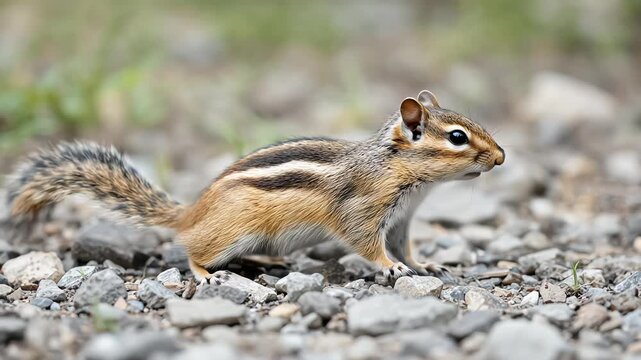 A chipmunk scurries across rocky terrain in a natural setting.