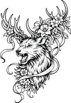 Ornate Deer Head with Floral Antlers &ndash; Intricate Black and White Wildlife Line Art Illustration