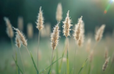 Fototapeta premium Dry fluffy grass stalks stand tall in soft golden light. A gentle breeze rustles the plants in a quiet meadow. Nature shows its serene, simple beauty.