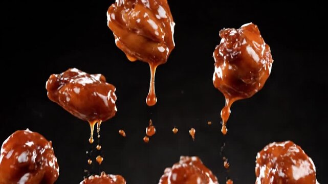 Multiple saucy boneless chicken wings or nuggets falling and dripping against a dark background, showcasing their delicious coating.