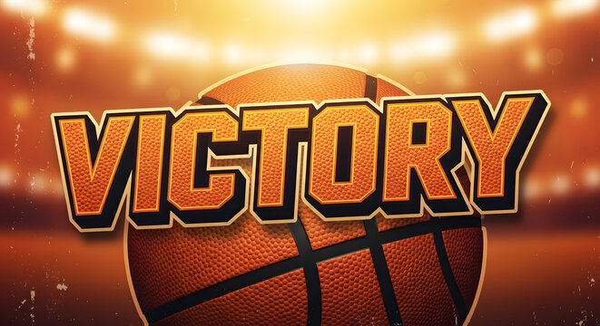 Victory text with textured basketball surface effect on a blurred stadium background