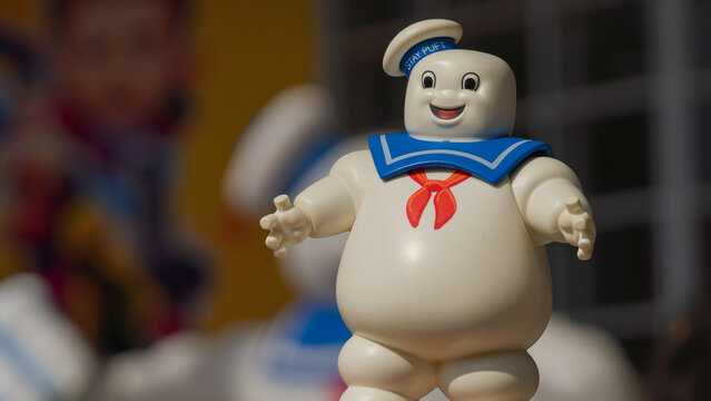 GUAYAQUIL, ECUADOR &ndash; AUG 06, 2023: Stay Puft Marshmallow Man figure from Ghostbusters displayed among pop culture collectibles at a Comic Con collectors event