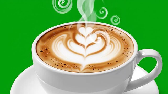 Steaming hot coffee with beautiful latte art in a white cup on a green