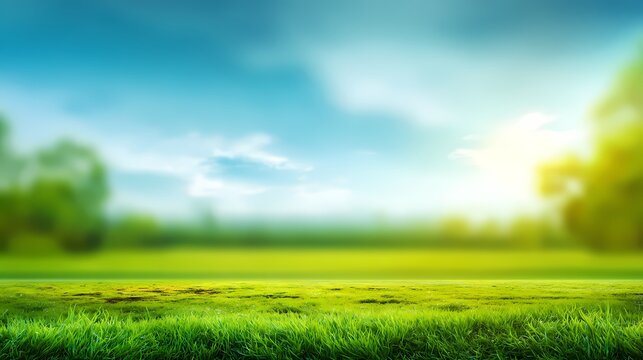 Lush Green Field Under Bright Blue Sky with Soft Sunlight Glow