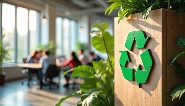 Office environment features recycling symbol on wooden panel. Team works at desk near window with green plants. Sustainability in workplace setting promotes eco-friendly practices.
