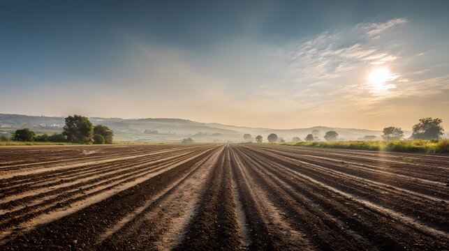 Serene Agricultural Landscape with Sunrise over Empty Furrows