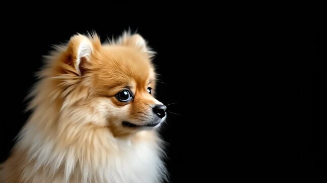 A serene portrait of a fluffy Pomeranian dog against a black background.