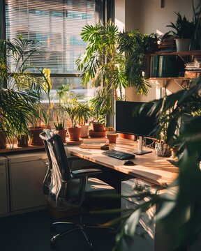 Cozy Workspace Surrounded by Lush Green Plants in Bright Light