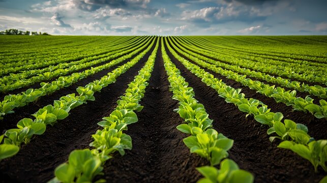Lush Green Rows of Fresh Vegetable Plants Under a Cloudy Sky