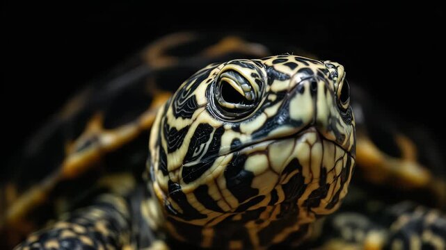 Close-up of a turtle showcasing intricate shell patterns.