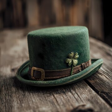 Green Felt Top Hat with Clover Decoration on Wooden Table Background