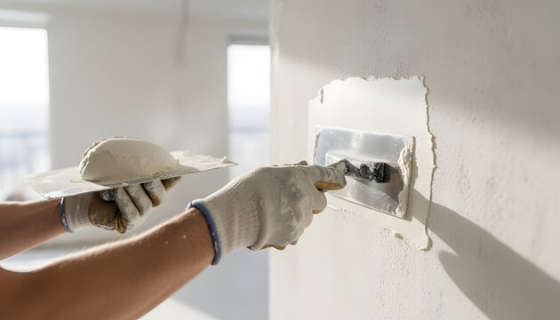 Dedicated man using a plastering hawk and trowel for smooth wall finish application, a meticulous home renovation and repair concept