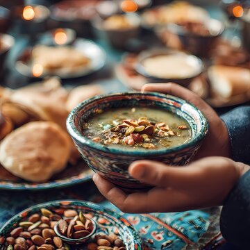 Traditional Festive Meal with Colorful Dishes and Decorative Bowls