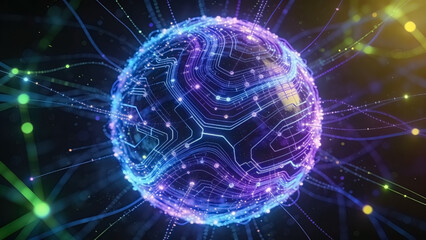 Obraz premium Futuristic digital planet with glowing network connections representing global internet and communication technology.