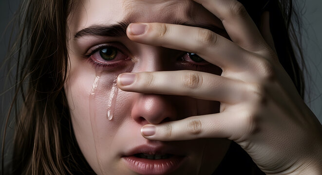 Intense emotional portrait of a woman crying with her hand partially over her face