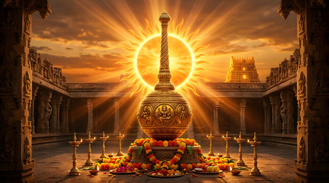 Ornate golden gada glowing with divine light in a temple courtyard, celebrating hanuman jayanti.