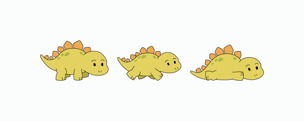 Cute yellow stegosaurus dinosaur character set with orange plates in standing, walking, and sleeping poses © rochmuch