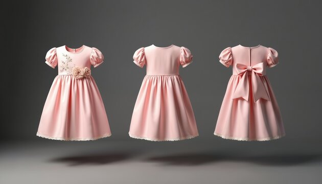 Three light pink children dresses displayed from front side, back. One dress floral embroidery, roses on front. Dress large bow at back. Kids frocks suitable for party special events.