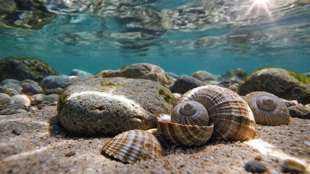 Underwater scene with seashells and rocks on sandy seabed.