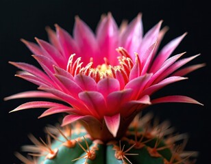 Vivid pink cactus flower with soft petals and sharp orange spines opens on dark background. Succulent plant blooms brightly, showing detailed texture and structure.