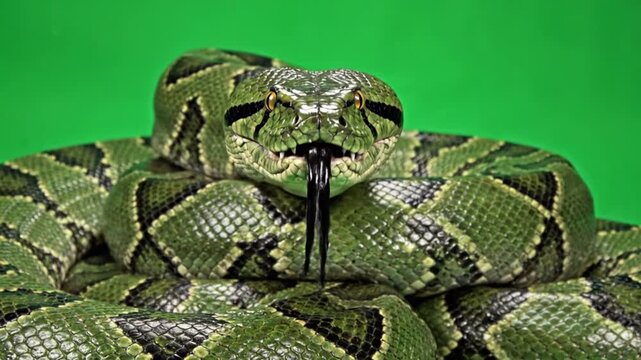 A large green and black patterned snake, possibly a python, coiled up and looking directly at the camera with its tongue flicking out against a green background.
