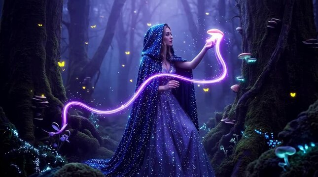 Mystical sorceress conjuring magic in a dark, enchanted forest, surrounded by glowing mushrooms and ancient trees, viewed from a slight low angle