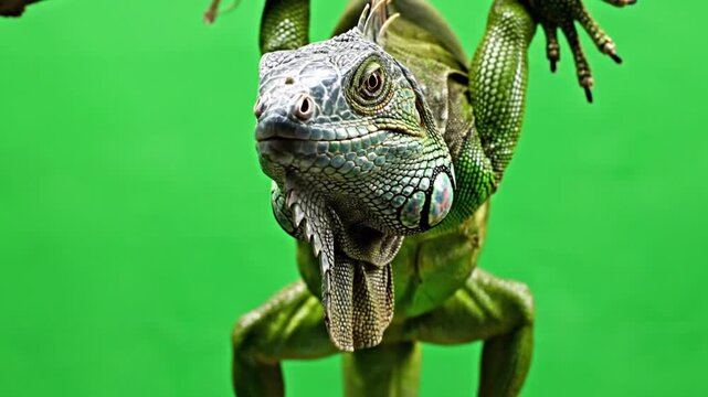 A close-up shot of a green iguana with its head facing forward, against a vibrant green background, showcasing its detailed scales and prominent dewlap.
