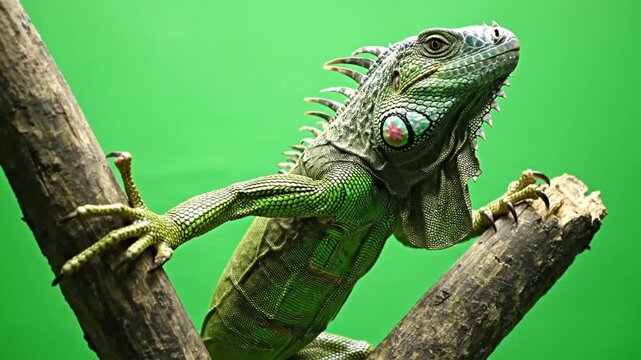 A green iguana with prominent scales and a dewlap perches on a tree branch against a vibrant green background.