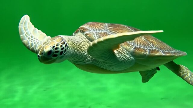 A majestic sea turtle gracefully swims through vibrant green ocean water, showcasing its powerful flippers and intricate shell pattern.