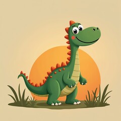 Obraz premium Green cartoon dinosaur stands on grass with orange spikes. Large setting sun behind friendly creature. Happy smiling reptile in prehistoric landscape.