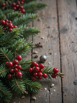 Festive evergreen branches with red berries on rustic wood.