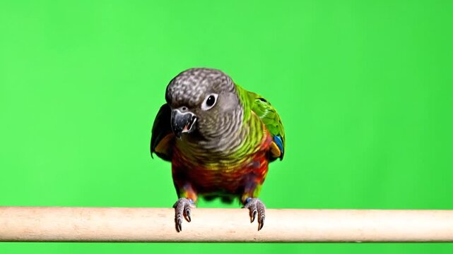 A green-cheeked conure parrot with colorful feathers perches on a wooden stick in front of a vibrant green screen.