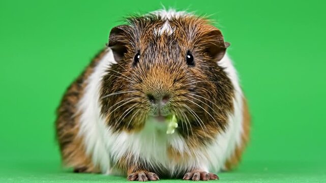 A cute brown, white, and black guinea pig eating a green leaf against a vibrant green background.