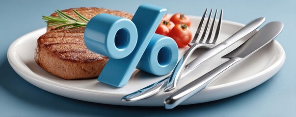 Blue percentage sign on a plate with steak and cutlery representing food discount and restaurant promotion