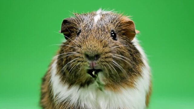 A close-up shot of a brown, white, and black guinea pig with its mouth slightly open, looking directly at the camera against a vibrant green background.