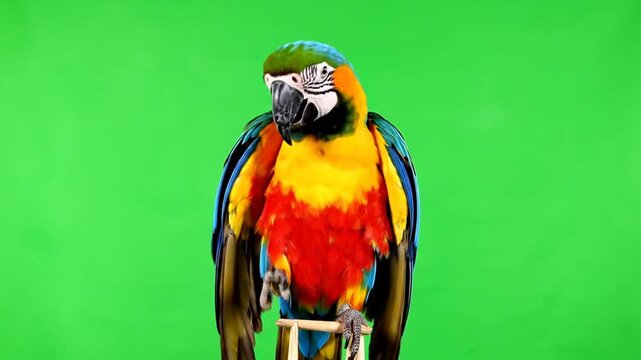 A vibrant blue and yellow macaw parrot with red and green feathers sitting on a small wooden perch against a bright green screen background.