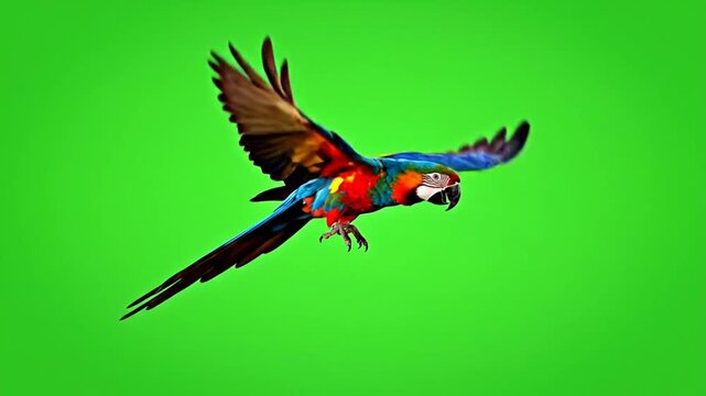 A vibrant macaw parrot with blue, red, and yellow feathers captured in mid-flight against a bright green screen background.