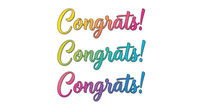 Three vibrant vector illustrations of the word "Congrats" displayed in colorful gradient script typography