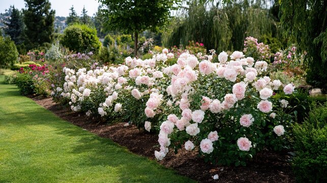 Lush cluster of light pink blooming roses growing in a manicured garden bed alongside a green lawn under bright daylight