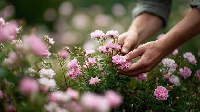 Hands of a person carefully inspect and touch small pink roses growing on a lush bush in a garden
