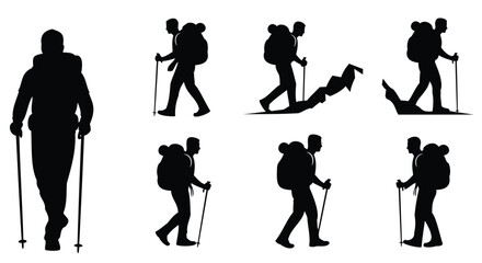 Fototapeta premium Silhouettes of Hikers with Backpacks and Poles trekking
