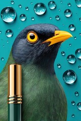 Fototapeta premium Close-up of a raven-like bird with a gold pen and water droplets on a turquoise background