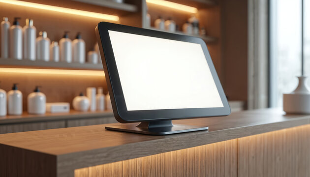 Modern POS display screen on counter. Mockup for retail store, hotel reception, or beauty salon checkout. Clean design offers copy space for business branding.